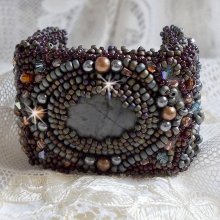 Long Brown Picasso bracelet embroidered with a gemstone (Picasso Jasper), Swarovski crystals, Miyuki seed beads and bohemian glass facets